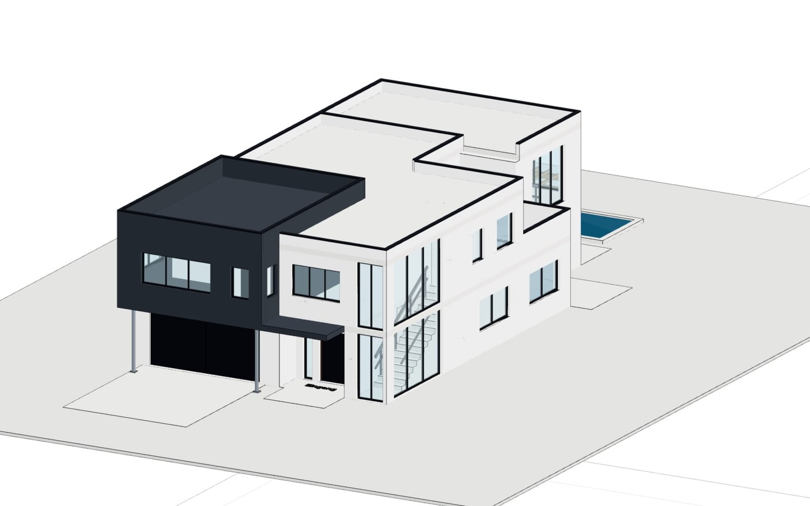 Bauhaus-Haus mit verschachtelten Baukörpern in der Gesamtansicht