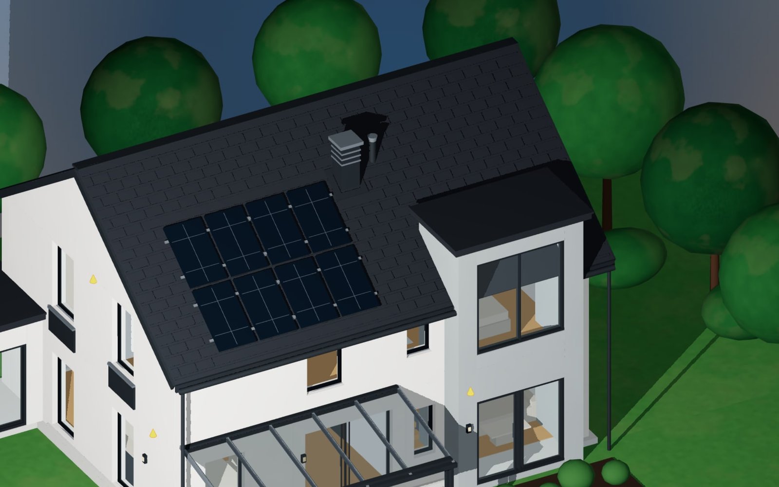 Photovoltaikfeld und Schornstein auf der gedeckten Dachfläche