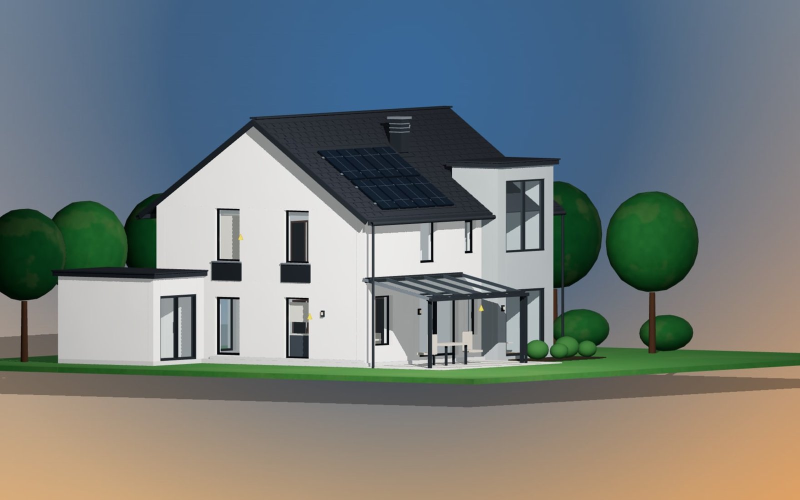 PV-Haus mit Zwerchhaus und Anbau in der Gesamtansicht