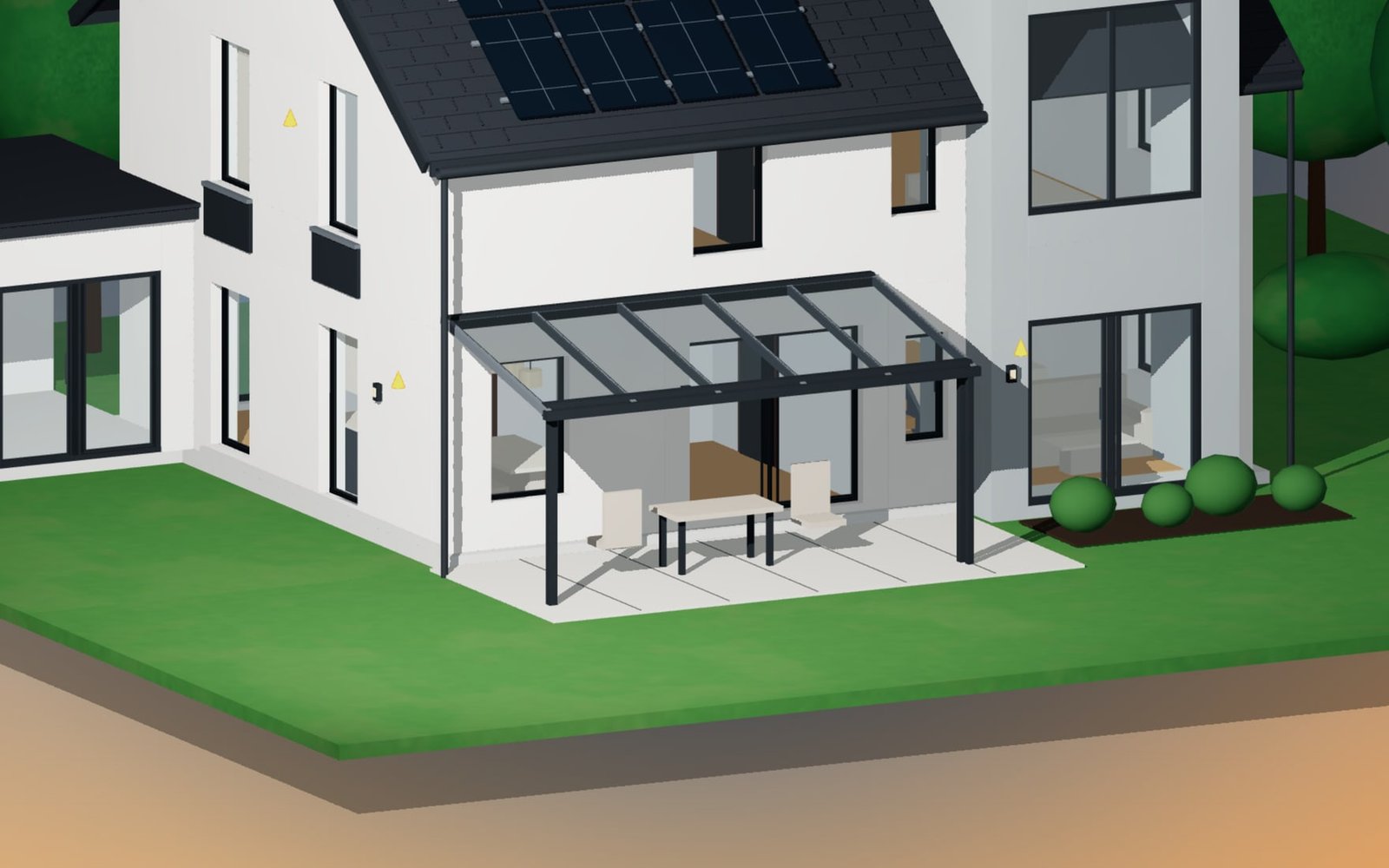 Glas-Terrassendach an der Giebelwand mit Terrassenmöbeln